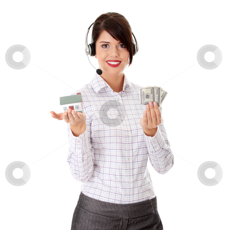To use this stock image in your creative project, please select the size you need over to the right and click the "Add to Cart" button.
Your downloaded image will come with the Cutcaster watermark removed so don’t worry about the watermark you see on this page. Young businesswoman stock photo, Young businesswoman in headset holding hose model and cash by Piotr_Marcinski