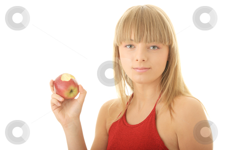 Young blond woman with red apple Young blond woman with red apple stock photo, Young blond woman with red apple isolated on white background - healthy concept by Piotr_Marcinski