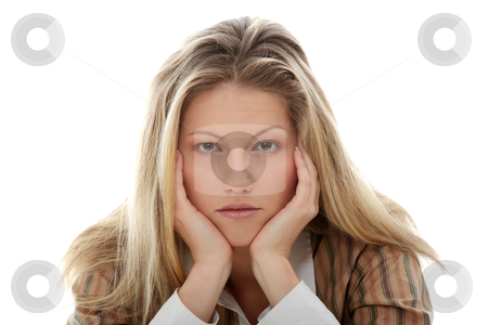 Depression Depression stock photo, Sad business woman sitting behind the desk, isolated on white by Piotr_Marcinski