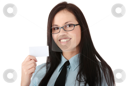 Business card Business card stock photo, Young business woman with business card, isoalted on white by Piotr_Marcinski
