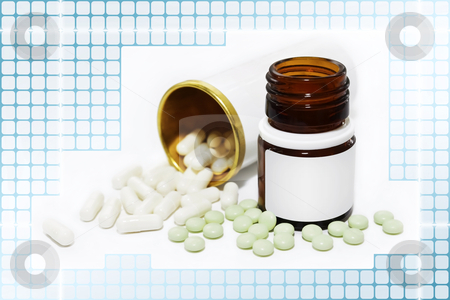 To use this stock image in your creative project, please select the size you need over to the right and click the "Add to Cart" button.
Your downloaded image will come with the Cutcaster watermark removed so don’t worry about the watermark you see on this page. Pills and Bottles Under Grid Layer stock photo, Tablet and capsule drugs, metallic and glass bottle with empty label placed under a blue grid layer by Sauromatum Design