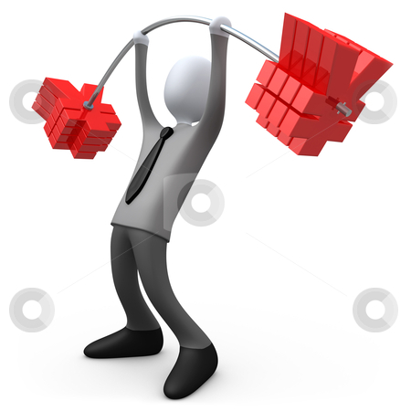 To use this stock image in your creative project, please select the size you need over to the right and click the "Add to Cart" button.
Your downloaded image will come with the Cutcaster watermark removed so don’t worry about the watermark you see on this page. Financial Weight stock photo, 3d business person lifting Yen-shaped weights . by Konstantinos Kokkinis