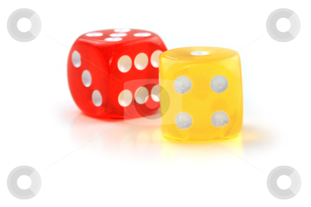Yellow and red dice Yellow and red dice stock photo, Close up shot of red and yellow dice on white background by Sreedhar Yedlapati