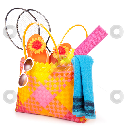 Beach bag Beach bag stock photo, beach bag with towel sunglasses flip-flops and hat.isolated on white by twixx