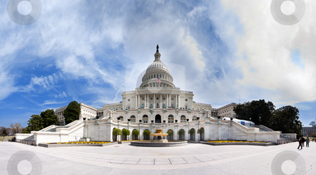 US Capitol - Government building US Capitol - Government building stock photo, Wide angle panorama of the back of US United States Capitol building where inaugurations of presidents take place for Democrat Republican Government Senate and House parties under a summer blue sky with white clouds. by Paul Hakimata