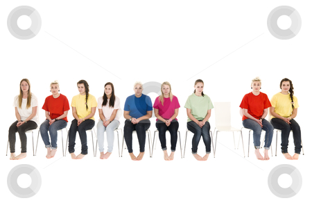 To use this stock image in your creative project, please select the size you need over to the right and click the "Add to Cart" button.
Your downloaded image will come with the Cutcaster watermark removed so don’t worry about the watermark you see on this page. Women on chairs stock photo, Group of women sitting on chairs and one empty chair by Anne-Louise Quarfoth