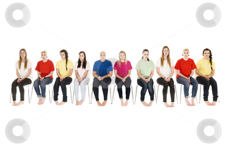 To use this stock image in your creative project, please select the size you need over to the right and click the "Add to Cart" button.
Your downloaded image will come with the Cutcaster watermark removed so don’t worry about the watermark you see on this page. Group of Young women on chairs stock photo, Group of Young women sitting on chairs wearing colorfull t-shirts by Anne-Louise Quarfoth