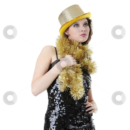 Party Girl Party Girl stock photo, Young beautiful caucasian woman in black elegant party dress and gold hat by Piotr_Marcinski