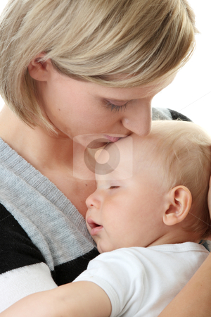 A mother and her tired cute baby boy A mother and her tired cute baby boy stock photo, A mother and her tired cute baby boy isolated on white background by Piotr_Marcinski