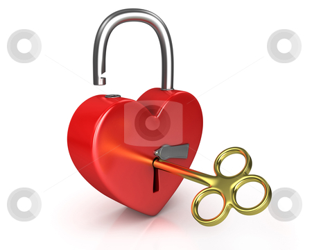 Opened red lock formed as heart with a golden key in a keyhole v Opened red lock formed as heart with a golden key in a keyhole v stock photo, Opened red lock formed as heart with a golden key in a keyhole isolated on white background by Zelfit