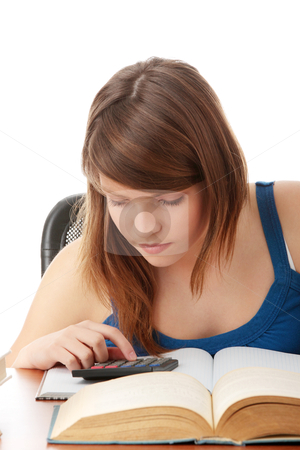 To use this stock image in your creative project, please select the size you need over to the right and click the "Add to Cart" button.
Your downloaded image will come with the Cutcaster watermark removed so don’t worry about the watermark you see on this page. Teen girl learning stock photo, Teen girl learning at the desk with lot of books, isolated on white by Piotr_Marcinski