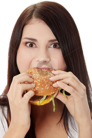 Woman eating hamburger Woman eating hamburger stock photo, Beautiful caucasian woman eating hamburger. Isolated on white by Piotr_Marcinski