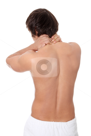 Young man heaving back pain. Young man heaving back pain. stock photo, Young man heaving back pain. Isolated on white background by Piotr_Marcinski