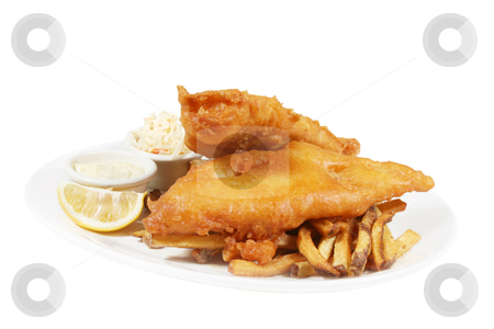 Fish and chips Fish and chips stock photo, isolated plate of fish and chips with tarter sauce and coleslaw by Sherrie Smith
