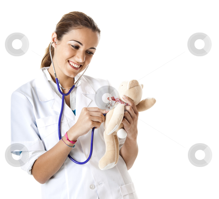 To use this stock image in your creative project, please select the size you need over to the right and click the "Add to Cart" button.
Your downloaded image will come with the Cutcaster watermark removed so don’t worry about the watermark you see on this page. Nurse and Teddy Bear stock photo, Beautiful female nurse taking care of a teddy bear with stethoscope by ikostudio