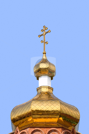 Gold church Gold church stock photo, Gold copola. Christianity: atholicity or orthodoxy church, cross. by olinchuk
