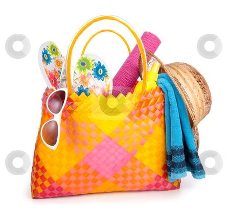 Beach bag Beach bag stock photo, beach bag with towel sunglasses flip-flops and hat.isolated on white by twixx