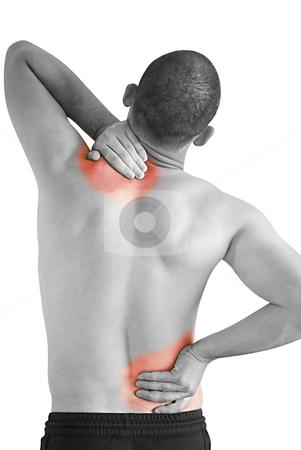 Pain Pain stock photo, young man having neck ache and backache making massage by Desislava Dimitrova