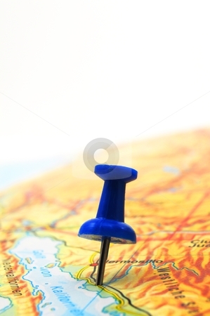 Travel Travel stock photo, copyspace push pin and map with little focus by Gunnar Pippel