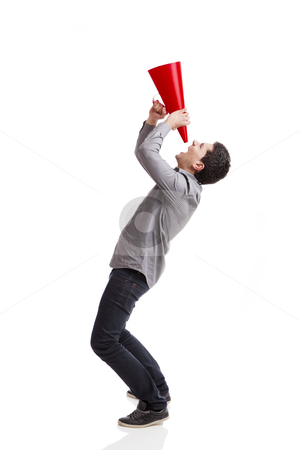 To use this stock image in your creative project, please select the size you need over to the right and click the "Add to Cart" button.
Your downloaded image will come with the Cutcaster watermark removed so don’t worry about the watermark you see on this page. Shouting into a megaphone stock photo, Young man shouting into a megaphone over a white background by ikostudio