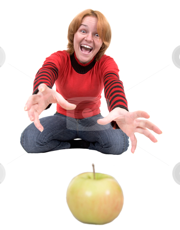 Woman stretch a hand to apple Woman stretch a hand to apple stock photo, The woman stretch a hand to a green apple by Alexey Romanov