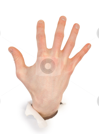 Male hand through white paper Male hand through white paper stock photo, Male hand through white paper photographed on a white background by Alexey Romanov