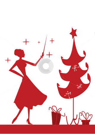 Christmas woman silhouette in front of a Christmas tree, Christmas woman silhouette in front of a Christmas tree, stock photo, Christmas woman silhouette in front of a Christmas tree, vector illustration by kariiika