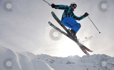 To use this stock image in your creative project, please select the size you need over to the right and click the "Add to Cart" button.
Your downloaded image will come with the Cutcaster watermark removed so don’t worry about the watermark you see on this page. Extreme freestyle ski jump stock photo, extreme freestyle ski jump with young man at mountain in snow park at winter season by Benis Arapovic