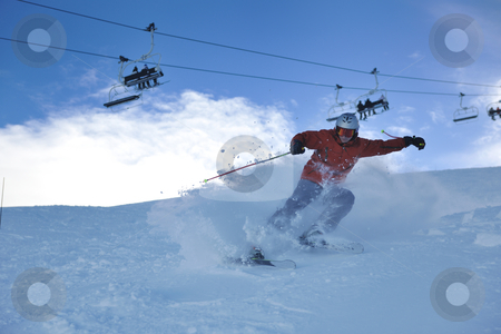 To use this stock image in your creative project, please select the size you need over to the right and click the "Add to Cart" button.
Your downloaded image will come with the Cutcaster watermark removed so don’t worry about the watermark you see on this page. skiing on on now at winter season stock photo, young athlete man have fun during skiing sport on hi mountain slopes at winter seasson and sunny day by Benis Arapovic