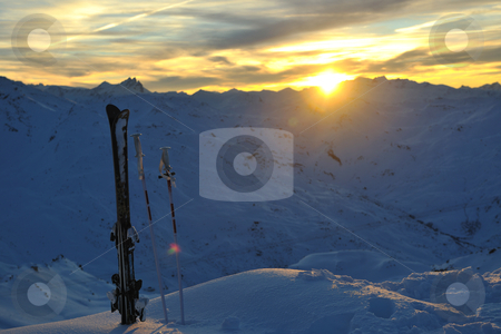 Mountain snow ski sunset Mountain snow ski sunset stock photo, mountain snow ski with beautiful sunset in background by Benis Arapovic