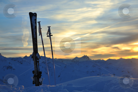 Mountain snow ski sunset Mountain snow ski sunset stock photo, mountain snow ski with beautiful sunset in background by Benis Arapovic