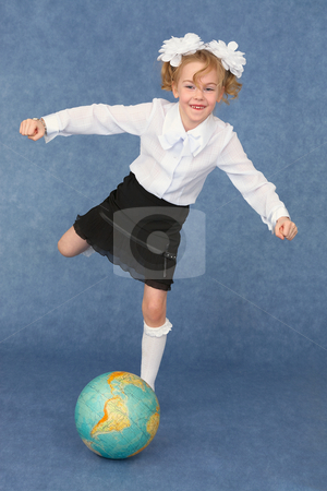 To use this stock image in your creative project, please select the size you need over to the right and click the "Add to Cart" button.
Your downloaded image will come with the Cutcaster watermark removed so don’t worry about the watermark you see on this page. Schoolgirl kicks globe as footballer stock photo, Schoolgirl kicks the globe as a footballer by Alexey Romanov