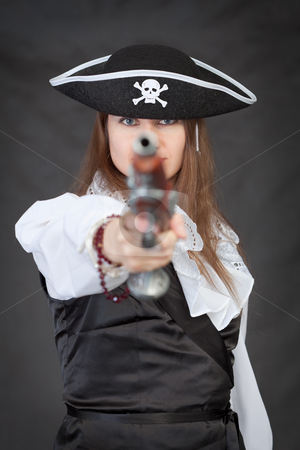 To use this stock image in your creative project, please select the size you need over to the right and click the "Add to Cart" button.
Your downloaded image will come with the Cutcaster watermark removed so don’t worry about the watermark you see on this page. Pirate woman with old pistol stock photo, Pirate woman with old pistol on black background by Alexey Romanov