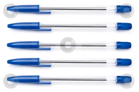 Blue pen background Blue pen background stock photo, Five blue writing pens arranged horizontally over white by Samantha Craddock