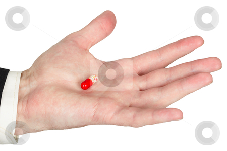 Hand with red pill, white background Hand with red pill, white background stock photo, Man's hand with the red pill, white background by Alexey Romanov