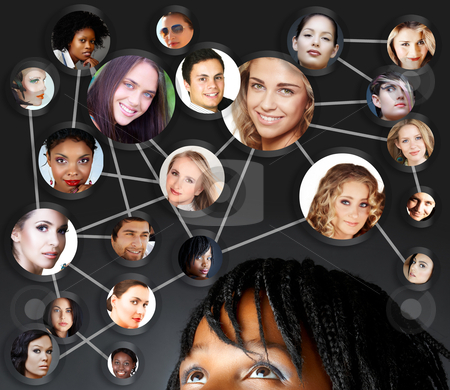 To use this stock image in your creative project, please select the size you need over to the right and click the "Add to Cart" button.
Your downloaded image will come with the Cutcaster watermark removed so don’t worry about the watermark you see on this page. African woman social networking stock photo, African young woman with her social network friends and business partners in a diagram by lubavnel