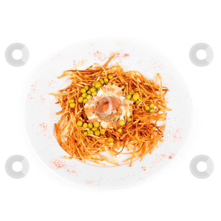 To use this stock image in your creative project, please select the size you need over to the right and click the "Add to Cart" button.
Your downloaded image will come with the Cutcaster watermark removed so don’t worry about the watermark you see on this page. Russian salad with salmon fish stock photo, Russian salad with salmon fish at fried sliced potato isolated on a white by olinchuk