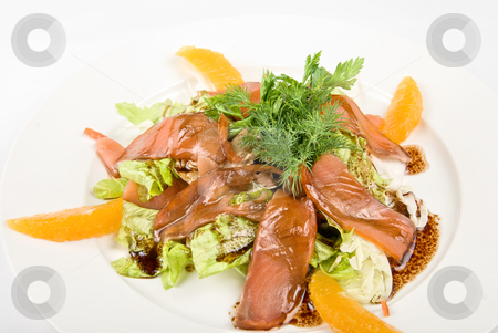 Fish salad Fish salad stock photo, Tasty salad dish close up with fish and oranges on a white background by olinchuk