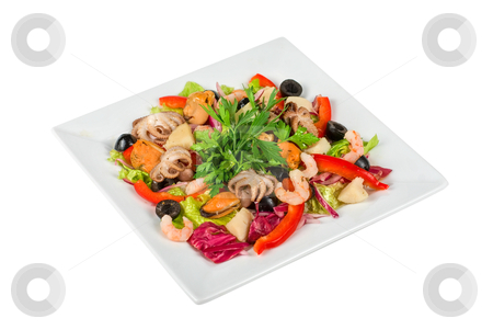 To use this stock image in your creative project, please select the size you need over to the right and click the "Add to Cart" button.
Your downloaded image will come with the Cutcaster watermark removed so don’t worry about the watermark you see on this page. Seafood salad stock photo, appetizer closeup of different seafood and vegetables by olinchuk