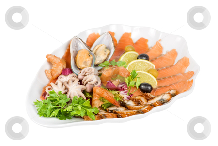 To use this stock image in your creative project, please select the size you need over to the right and click the "Add to Cart" button.
Your downloaded image will come with the Cutcaster watermark removed so don’t worry about the watermark you see on this page. Seafood salad stock photo, appetizer closeup of different seafood and vegetables by olinchuk