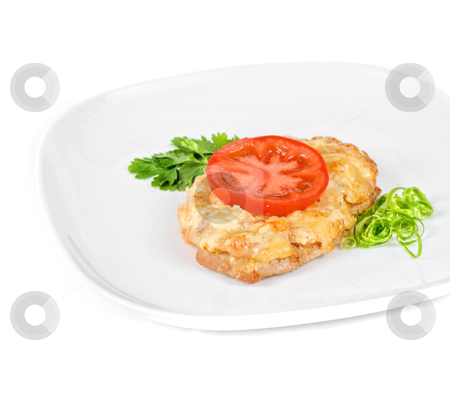To use this stock image in your creative project, please select the size you need over to the right and click the "Add to Cart" button.
Your downloaded image will come with the Cutcaster watermark removed so don’t worry about the watermark you see on this page. Roasted pork steak stock photo, Roasted pork steak baked with cheese and tomato by olinchuk