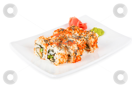 To use this stock image in your creative project, please select the size you need over to the right and click the "Add to Cart" button.
Your downloaded image will come with the Cutcaster watermark removed so don’t worry about the watermark you see on this page. Sushi stock photo, Sushi rolls at plate isolated on a white by olinchuk