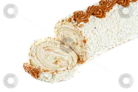 Chocolate Swiss roll Chocolate Swiss roll stock photo, Chocolate Swiss roll closeup isolated on a white background by olinchuk