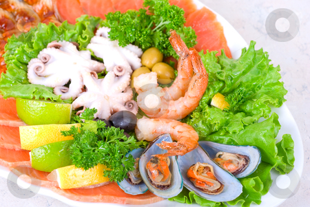 Seafood set Seafood set stock photo, appetizer closeup of different seafood and vegetables by olinchuk