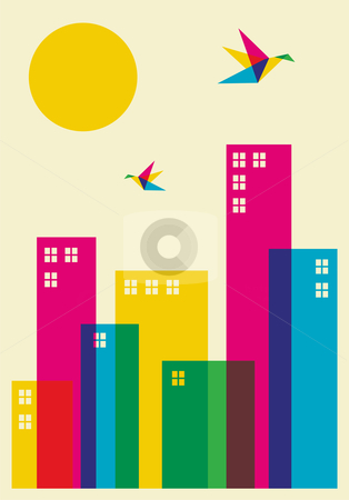 Spring time city Spring time city stock photo, Spring time in the city. Full color humming birds flying over the city. Vector file available. by Cienpies Design