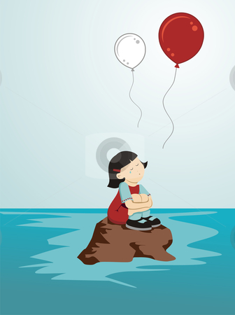 Crying girl for Japan Crying girl for Japan stock photo, Girl crying sitting on a rock while loose balloons in the colors of Japan by Cienpies Design