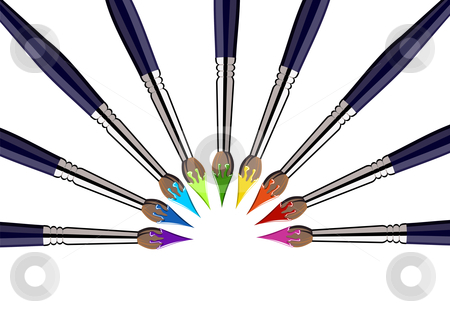 To use this stock image in your creative project, please select the size you need over to the right and click the "Add to Cart" button.
Your downloaded image will come with the Cutcaster watermark removed so don’t worry about the watermark you see on this page. Semicircle of Paint brushes with colors stock photo, Nine brushes with paint color tips toward the center, forming a semicircle. White background. Vector available by Cienpies Design