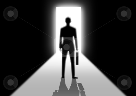 To use this stock image in your creative project, please select the size you need over to the right and click the "Add to Cart" button.
Your downloaded image will come with the Cutcaster watermark removed so don’t worry about the watermark you see on this page. Bright Future stock photo, Silhouette of man with suitcase walking toward a bright window by Rudolf Iskandar