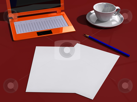 Desk with papers, laptop, pencil and cup Desk with papers, laptop, pencil and cup stock photo, Red desk with papers, laptop, pencil and cup by vetdoctor
