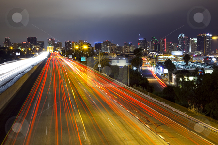 San Diego Skyline, Freeway San Diego Skyline, Freeway stock photo, Long exposure of freeway and city skyline of San Diego, California by Bryan Mullennix
